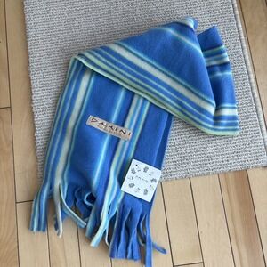 NWT Dakini Long Fringe Scarf Striped Fleece made in USA Blue Soft